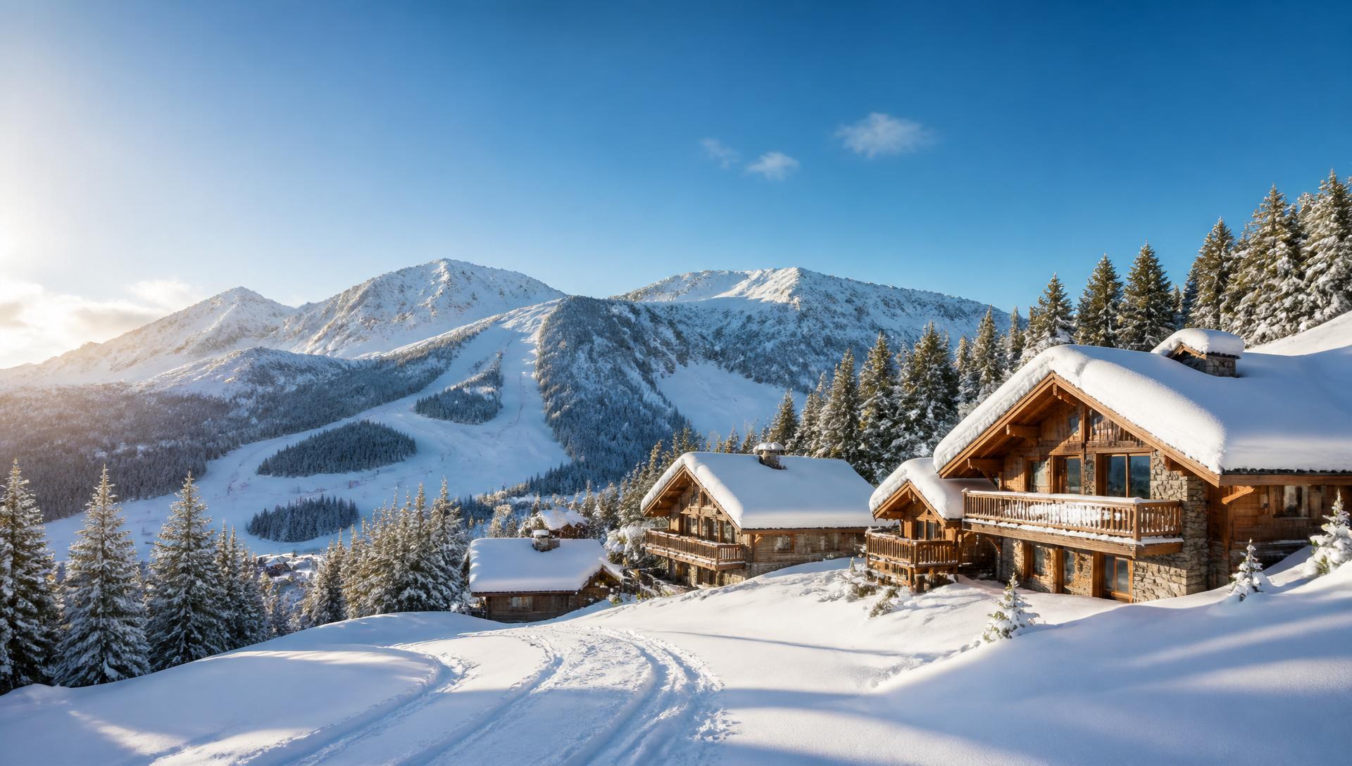 Besneeuwde chalets en pistes in een wintersportgebied